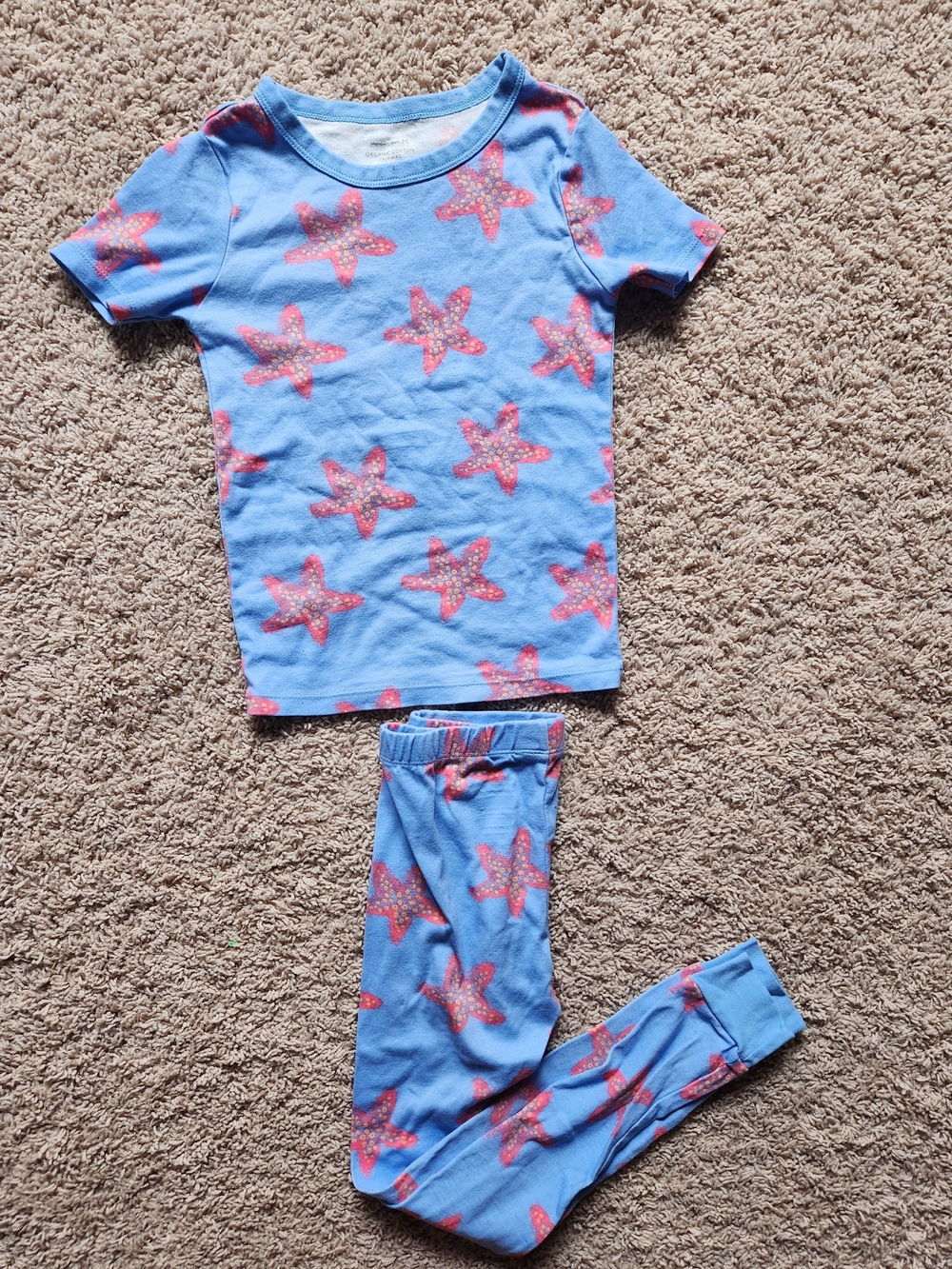 Blue Starfish Print Kids Pajama Set - Short Sleeve Top & Pants